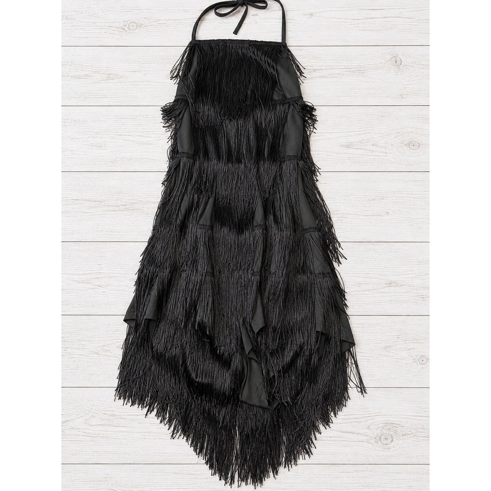 Black Fringe Halter Romper Tassel Dance Rave Flapper Gatsby Bodysuit M 4616